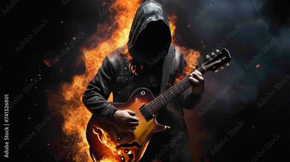 guitar background with fire blaze fire with lights and colorful guitar stand abstract background view 