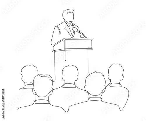 Lector man speech behind podium on conference with audience spectators back, continuous one line drawing. Speaker on tribune by leader, businessman, teacher talking. Vector minimalist outline