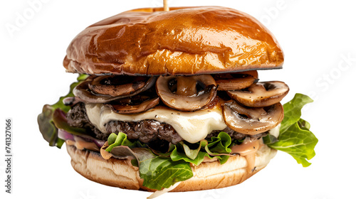 Mushroom Swiss Burger on isolated on transparent png background. Generative ai photo