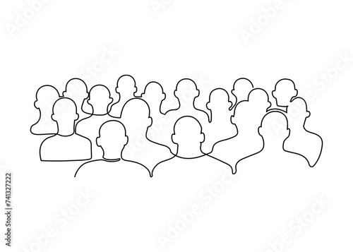 Audience, auditorium with sit people spectator back, continuous one line drawing. Business training, conference, education people mass. Students silhouette on lecture, seminar. Vector single outline