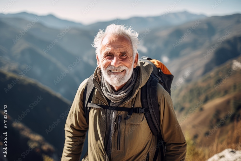 Portrait of a senior man with a backpack on top of a mountain Portrait of a senior man with a backpack on top of a mountain