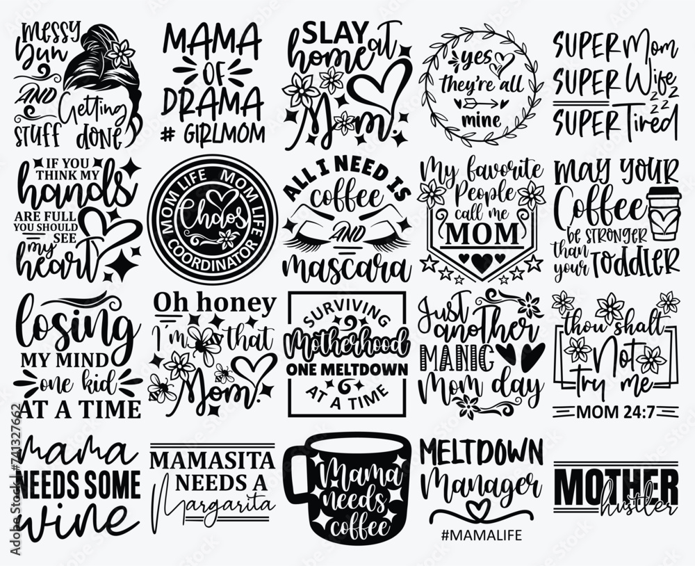 Mom Design Set, Mother's day T-shirt design, Mom Vector graphics, Mom lover home decor, Mom craft, Mother's day gift, Gift for mom SVG,Blessed Mom Lebel Design. Mom Design Set, Mother's day T-shirt design, Mom Vector graphics, Mom lover home decor, Mom craft, Mother's day gift, Gift for mom SVG,Blessed Mom Lebel Design.