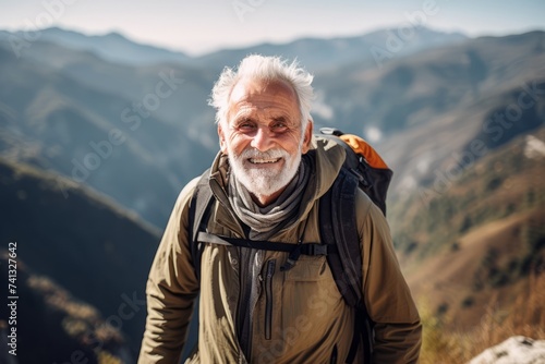 Portrait of a senior man with a backpack on top of a mountain