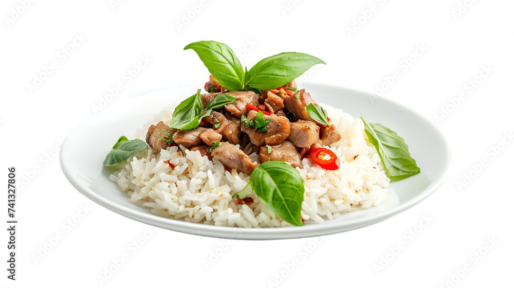 Rice topped with stir-fried pork and basil on isolated on transparent png background. Generative ai Rice topped with stir-fried pork and basil on isolated on transparent png background. Generative ai