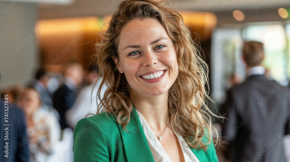 Smiling Woman In White Shirt and Green Blazer at Professional Corporate Event, Featuring Out-of-Focus Colleagues in Background, Depicting Workplace Environments Smiling Woman In White Shirt and Green Blazer at Professional Corporate Event, Featuring Out-of-Focus Colleagues in Background, Depicting Workplace Environments
