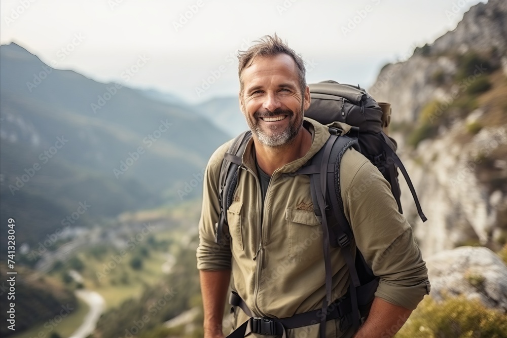 Portrait of happy senior man with backpack standing on top of mountain