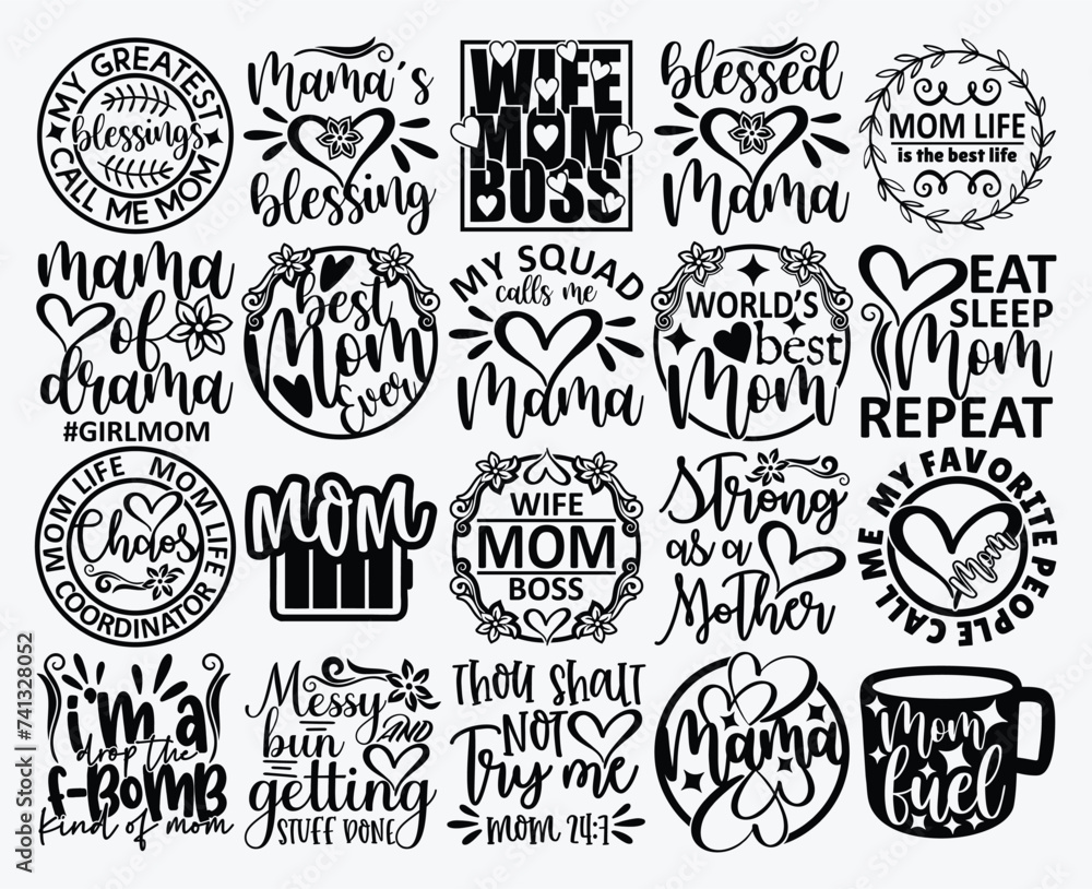 Fototapeta premium Mom Design Set, Mother's day T-shirt design, Mom Vector graphics, Mom lover home decor, Mom craft, Mother's day gift, Gift for mom SVG,Blessed Mom Lebel Design.
