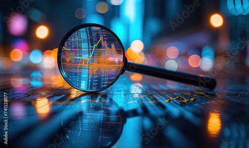 a magnifying glass on business charts background