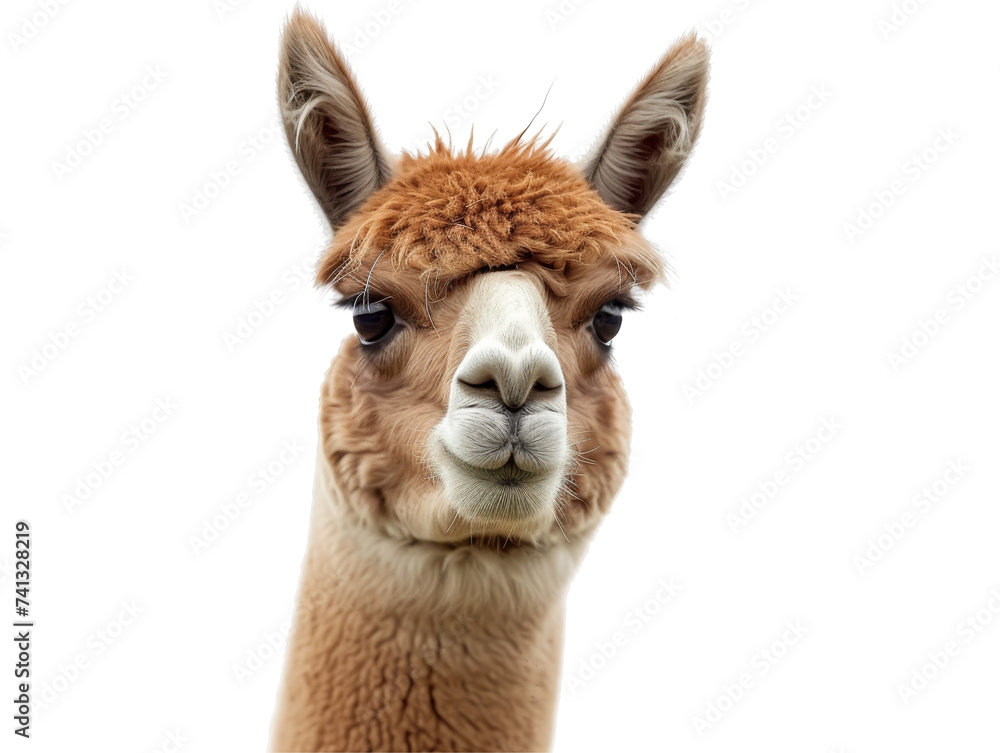 Close-up of a charming alpaca with a warm, fluffy fleece and gentle brown eyes.