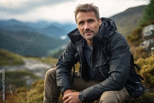 Portrait of a handsome mature man sitting on the top of a mountain