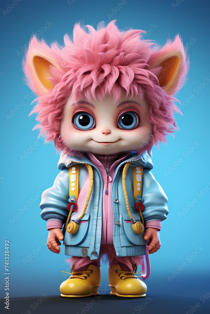 weird cute cartoon pink fluffy character on blue background weird cute cartoon pink fluffy character on blue background