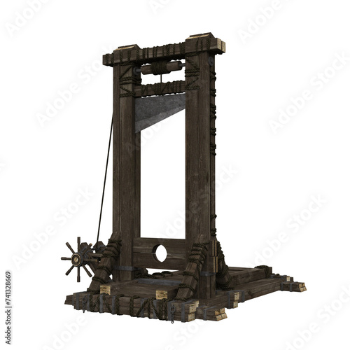 Medieval guillotine with wooden frame, an ancient execution machine for capital punishment. Isolated 3D .rendered illustration. photo