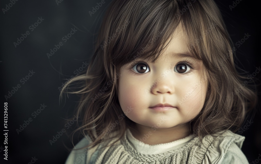 A close-up of a childs face against a black background, capturing their expression and features in detail A close-up of a childs face against a black background, capturing their expression and features in detail