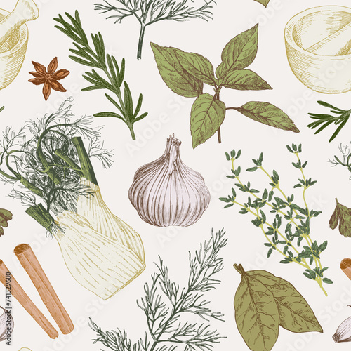 Seamless pattern with hand drawn herbs and spices. Vintage style culinary illustrations, vector