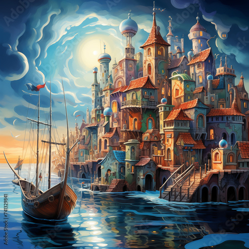 fairy tale illustrations Fishing village, boats in the river, boats in the sea amidst architecture, water and sky.