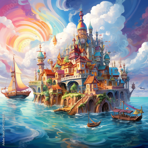 fairy tale illustrations Fishing village, boats in the river, boats in the sea amidst architecture, water and sky.