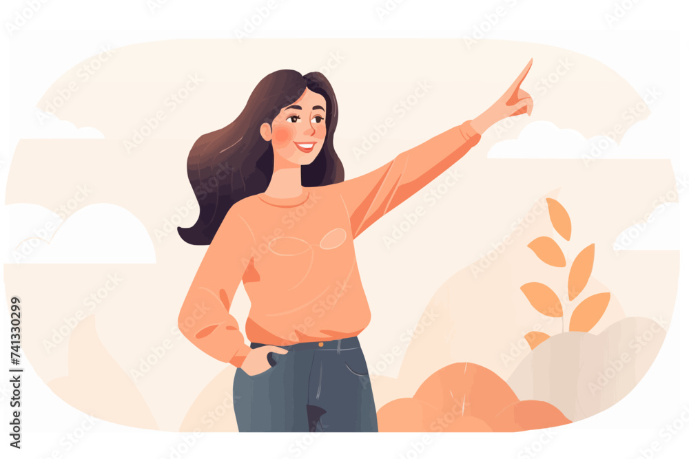 happy woman pointing copy space woman recommended showing mockup illustration