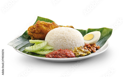 Asian cuisine nasi lemak with fried chicken isolated on white background