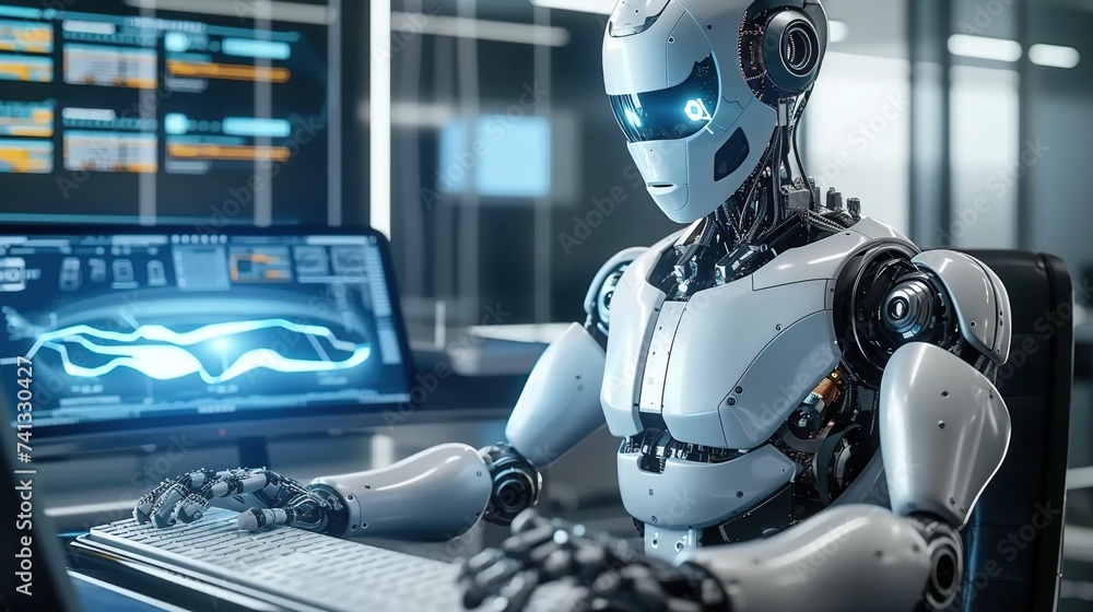 a humanoid robot seated at a futuristic desk interacting with a computer keyboard a humanoid robot seated at a futuristic desk interacting with a computer keyboard
