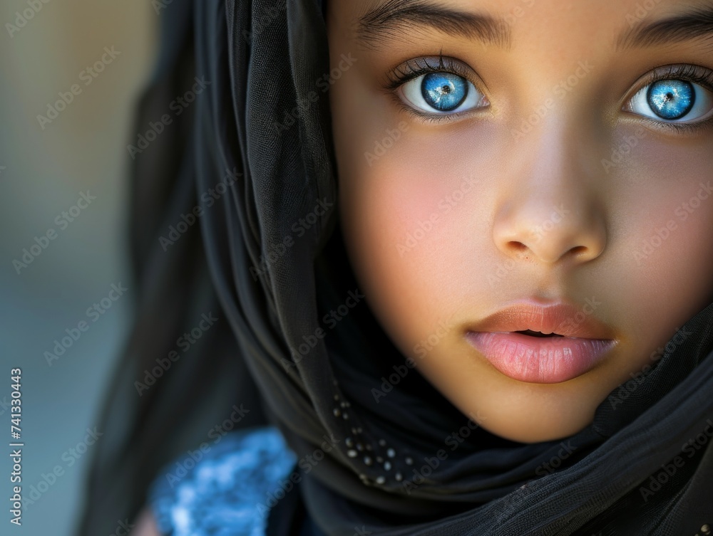 A young girl with blue eyes is wearing a black hijab in this image. She exudes strength and confidence A young girl with blue eyes is wearing a black hijab in this image. She exudes strength and confidence