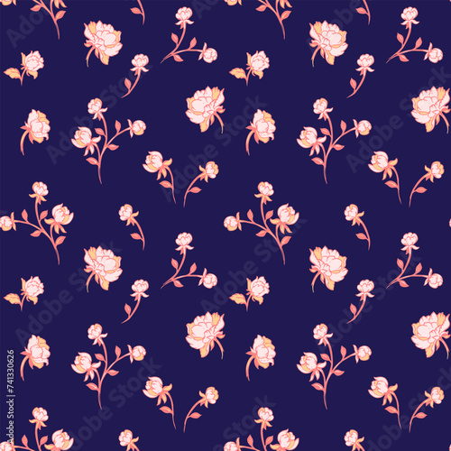 Creative simple cute rosebuds, roses seamless pattern on the dark blue background. Vector hand drawn sketch abstract ditsy tiny flowers. Collage template for printing, patterned, textile, fabric