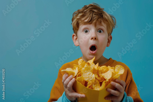 a little boy with unhealthy chips in the hands and surprised face isolated on blue background