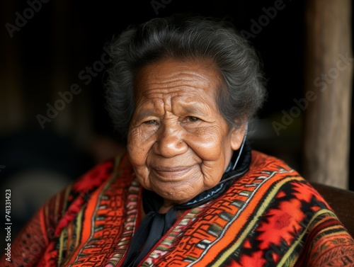 An old woman of diverse ethnicity wearing a vibrant jacket, smiling warmly