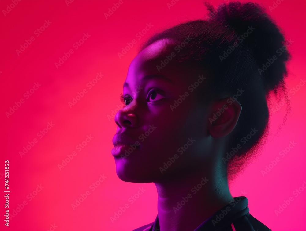 A multiracial woman with a ponytail stands confidently in front of a bright pink background
