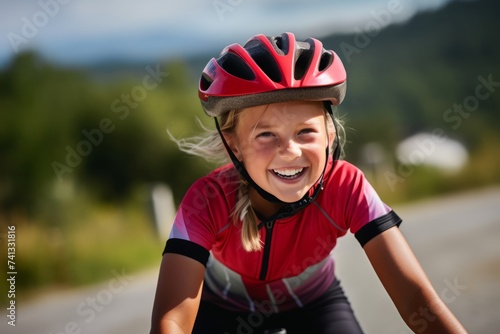 Portrait of a smiling girl riding a bicycle on a country road