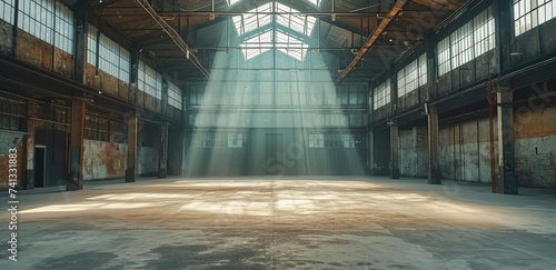 A large and old abandoned factory building with large windows and sunrays illustration photo