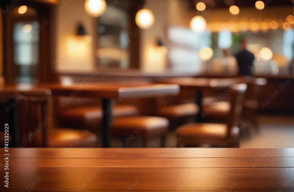 Empty wooden table and blurred background of city restaurant, coffee shop for display of montage product. Bokeh effect. Scene round wood tabletop counter on blur cafe, bar. Banner. Outdoors, outside.