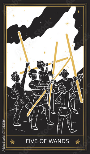 Five of Wands Tarot Card Minor Arcana in Vector Illustration