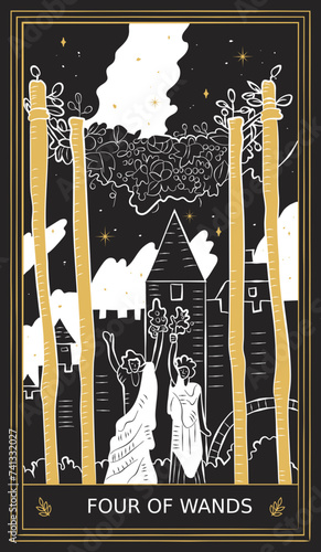 Four of Wands Tarot Card Minor Arcana in Vector Illustration