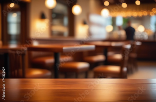 Empty wooden table and blurred background of city restaurant  coffee shop for display of montage product. Bokeh effect. Scene round wood tabletop counter on blur cafe  bar. Banner. Outdoors  outside.