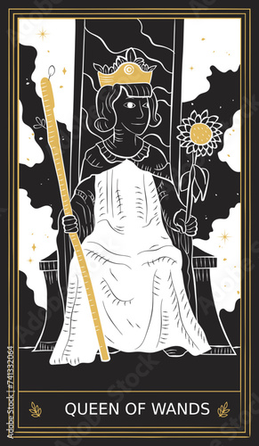 Queen of Wands Tarot Card Minor Arcana in Vector Illustration