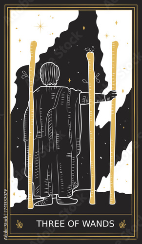 Three of Wands Tarot Card Minor Arcana in Vector Illustration