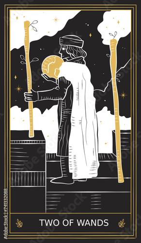 Two of Wands Tarot Card Minor Arcana in Vector Illustration