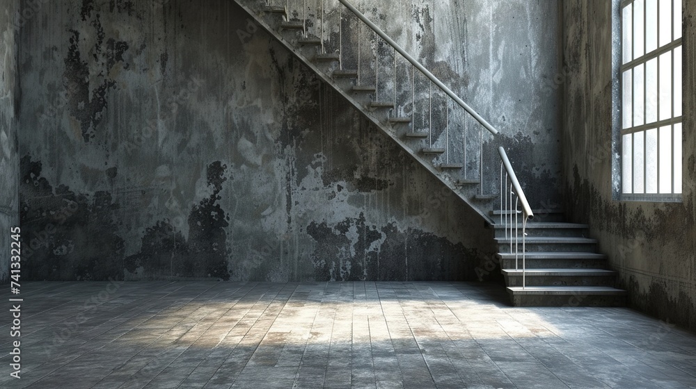 Empty modern concrete room with staircase and indirect lighting from top. 3d rendering background Empty modern concrete room with staircase and indirect lighting from top. 3d rendering background