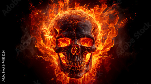 Flaming Skull Illustration  A fiery depiction of death and danger  embodying Halloween s spooky essence with elements of horror and grunge in a symbolic skull engulfed in flames