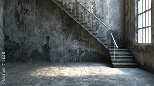 Empty modern concrete room with staircase and indirect lighting from top. 3d rendering background photo