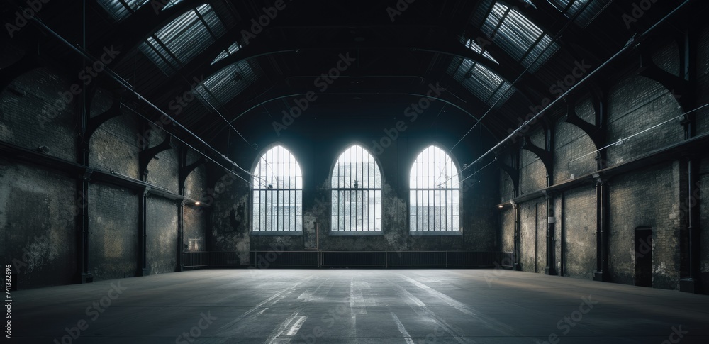 A large and old factory building with large windows and sunrays illustration - obrazy, fototapety, plakaty 