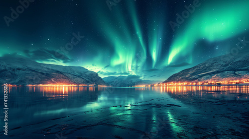 An aurora also commonly known as the northern lights or southern lights is a natural light display in Earth's sky, travel concept, bright color