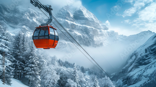 Funicular in the snow-capped mountains and forest, travel concept