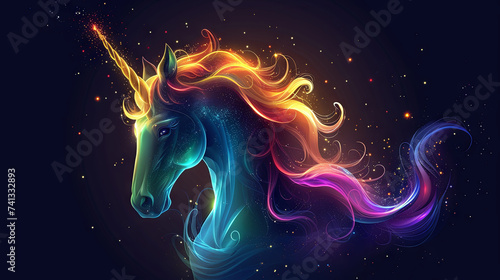 A neon unicorn is a mythical creature that symbolizes virtue. dark background