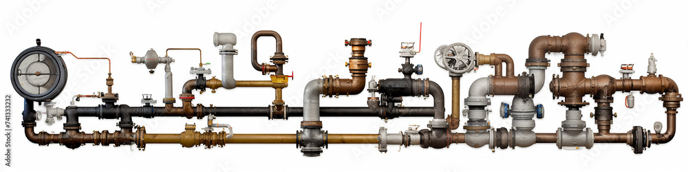 long narrow panoramic view background pipes and pipe connections isolated on white, abstract communications long narrow panoramic view background pipes and pipe connections isolated on white, abstract communications