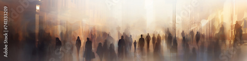 crowd of people long narrow panoramic view on a sunny summer street blurred abstract background in out-of-focus, sun glare image light