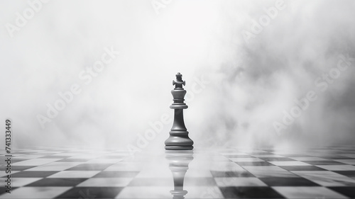 a lonely chess piece on a chessboard in disturbing lighting and fog, concept strategy decision-making leadership
