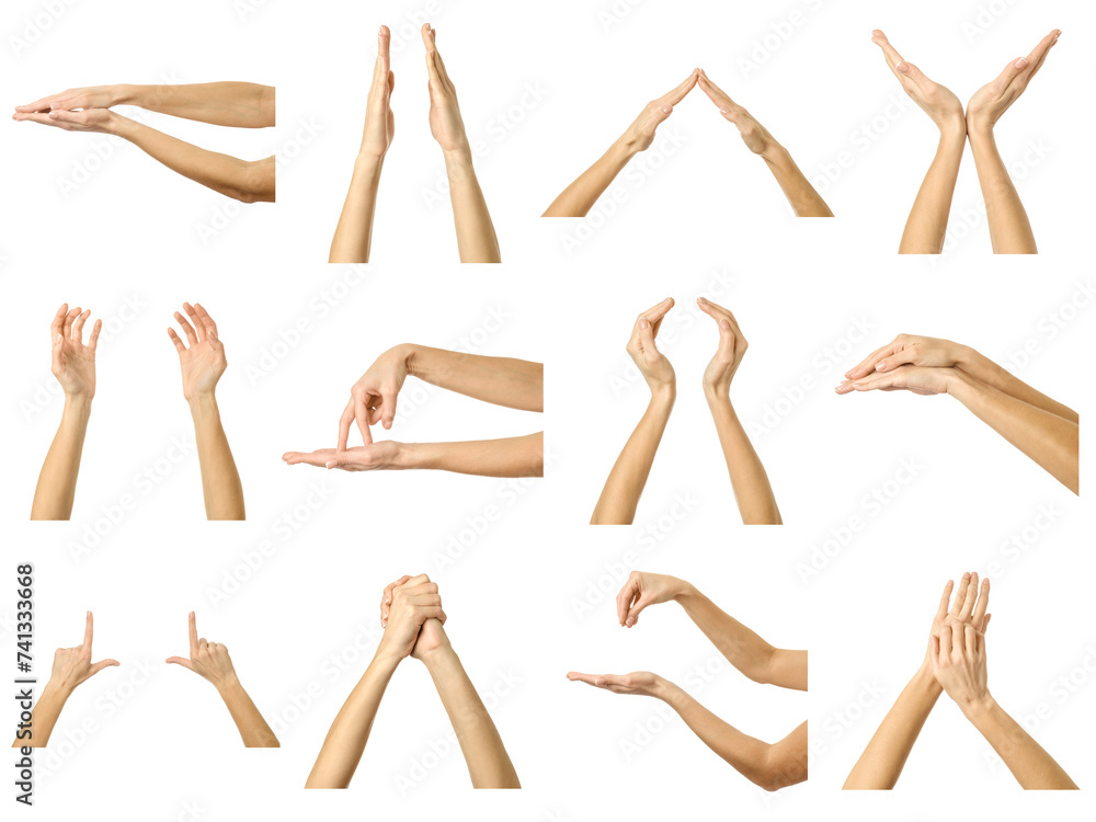 Multiple images set of female caucasian hand gestures with french manicure