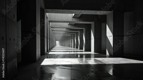 Black and white image of a modern corridor with a vanishing point perspective, showcasing light and shadow play.