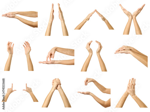 Multiple images set of female caucasian hand gestures with french manicure photo